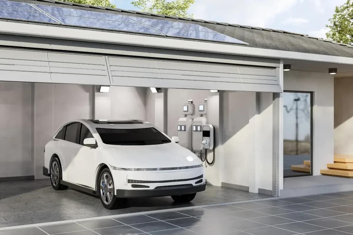 Image of a car in a home garage with an home EV charging station set up