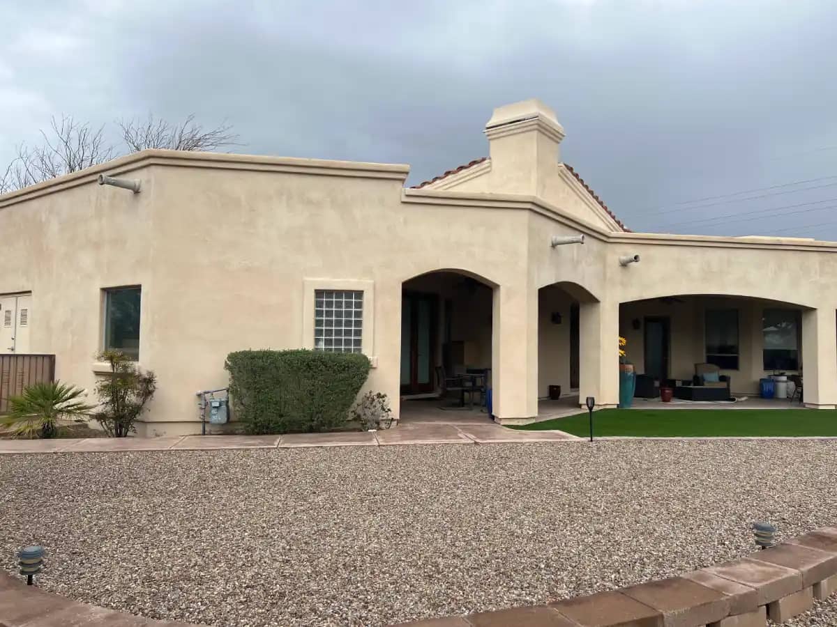 Exterior view of a commercial property in tucson, az, with finished stucco installation